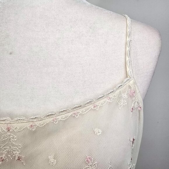 Vintage 90s Valerie Stevens Off White Mesh Floral Embroidered Nightgown Chemise - Picture 7 of 10